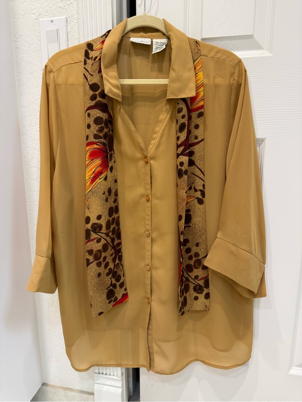 White Stag Golden-Tan Button Front Blouse with Patterned Scarf